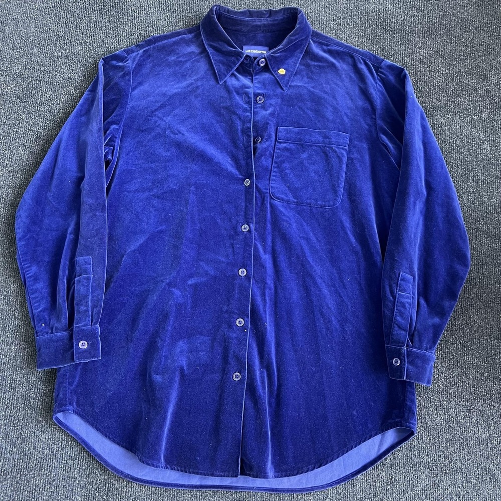 Liz Claiborne Shirt Womens Large Blue‎ Solid Velvet Long Sleeve Button Up Casual
